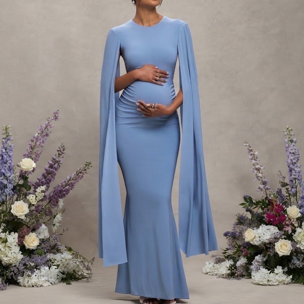 Club London Powder Blue Maternity Maxi Dress With Cape Sleeves Formal Wedding 6